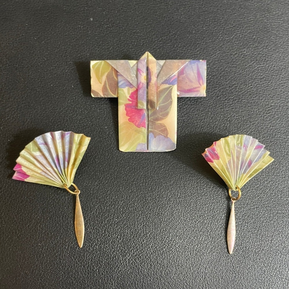 Vintage Origami Kimono Brooch Fan Earrings Set Floral‎ Handcrafted Paper
